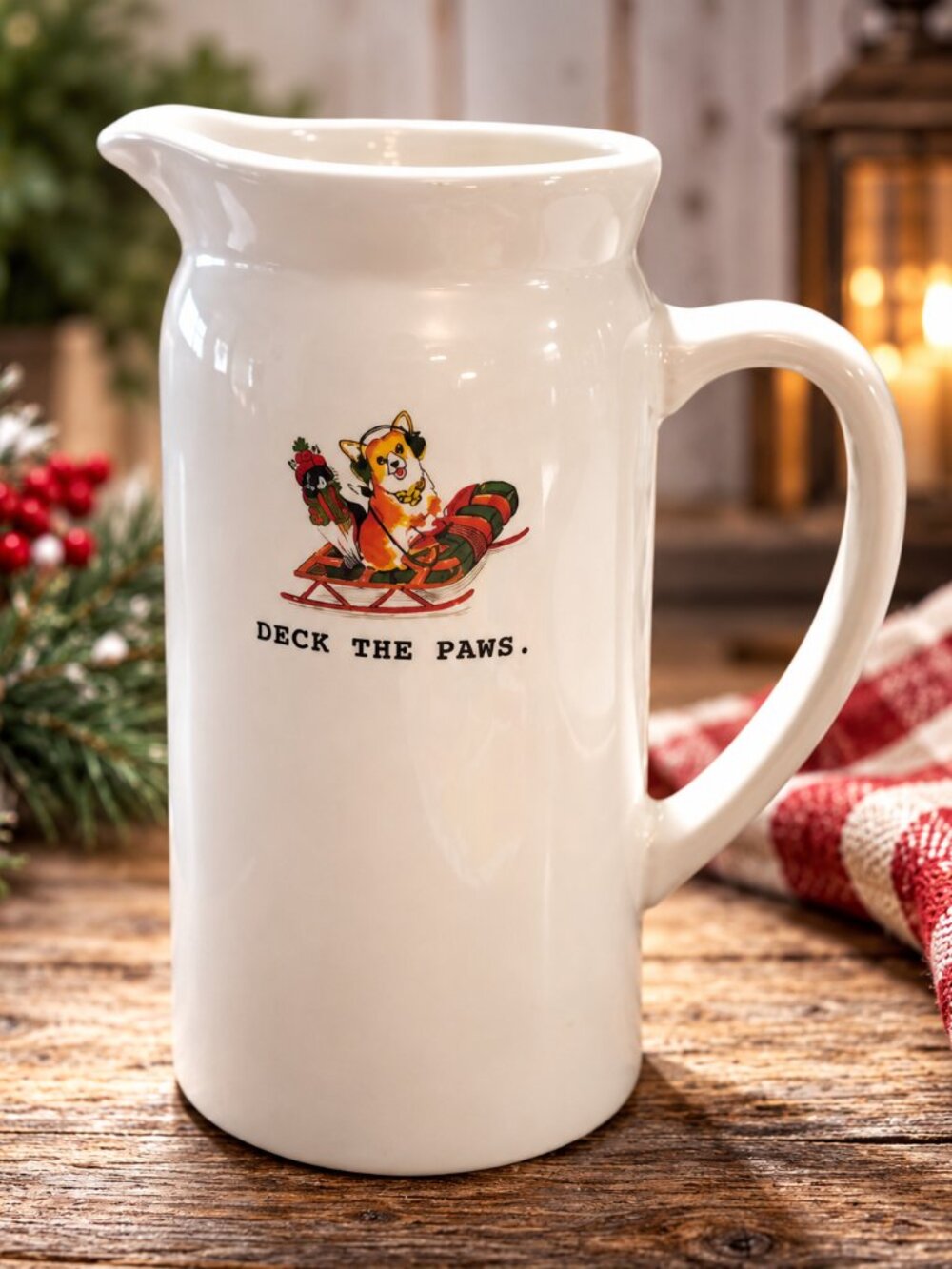 Rae Dunn Deck The Paws Christmas Pitcher Corgi Dog Holiday Ceramic creamer